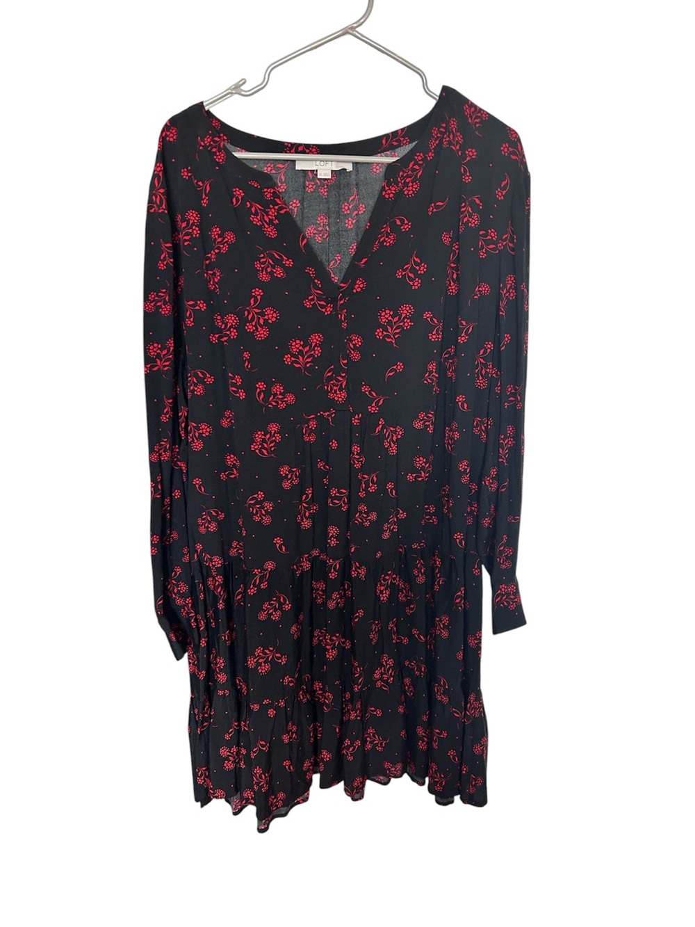 LOFT Black Long-Sleeve Dress with Red Floral Print